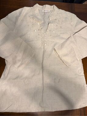 JM Collection Womens 10 100% Linen Tunic Top Ivory Embroidered Beaded Boho